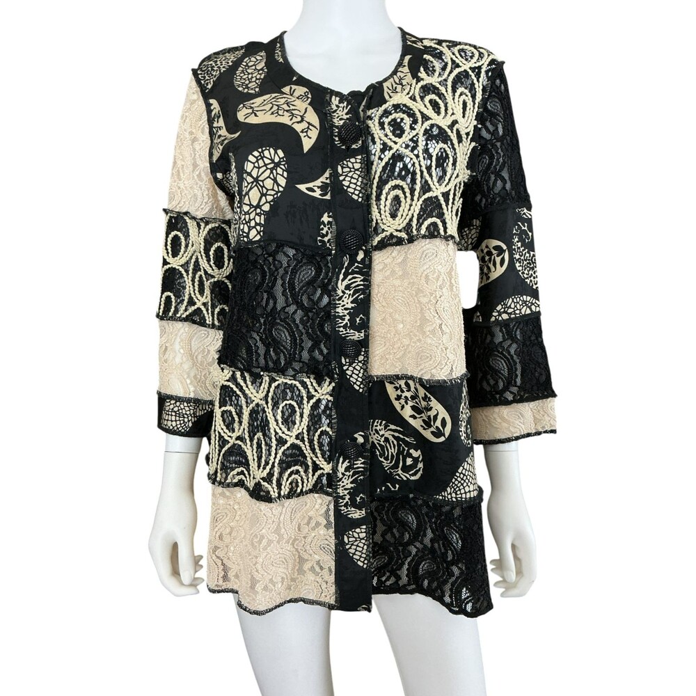 Ali Miles Patchwork Button Front Tunic sz S Black Cream Soutache Embroidery NWT